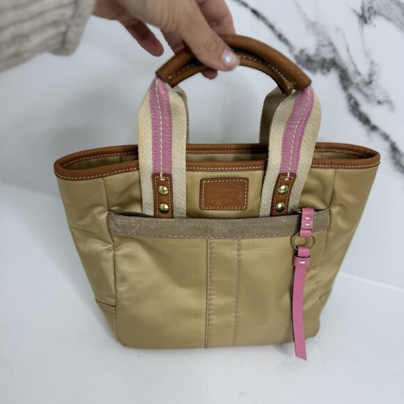 Coach Hampton Gold Sateen Leather Trim Shoulder Bag Fall Minimalist Neutral VTG - Picture 1 of 14
